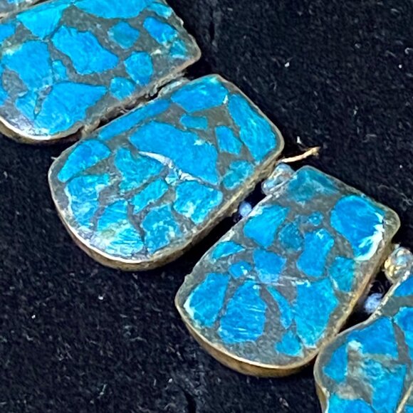 Vintage Blue Mosaic Stone Necklace With Toggle Clasp - Picture 11 of 16